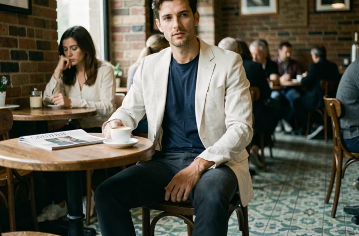 Homme stylé portant un tee-shirt bleu marine sous un blazer en lin dans un café parisien au décor vintage