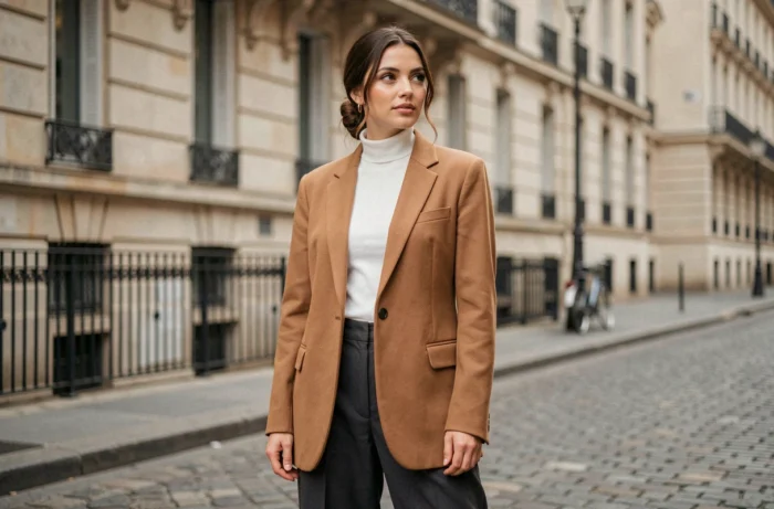 Femme élégante portant un blazer oversize camel et un pantalon large gris anthracite dans une rue pavée parisienne, style mode tendance automne