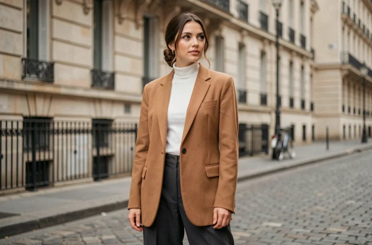 Femme élégante portant un blazer oversize camel et un pantalon large gris anthracite dans une rue pavée parisienne, style mode tendance automne