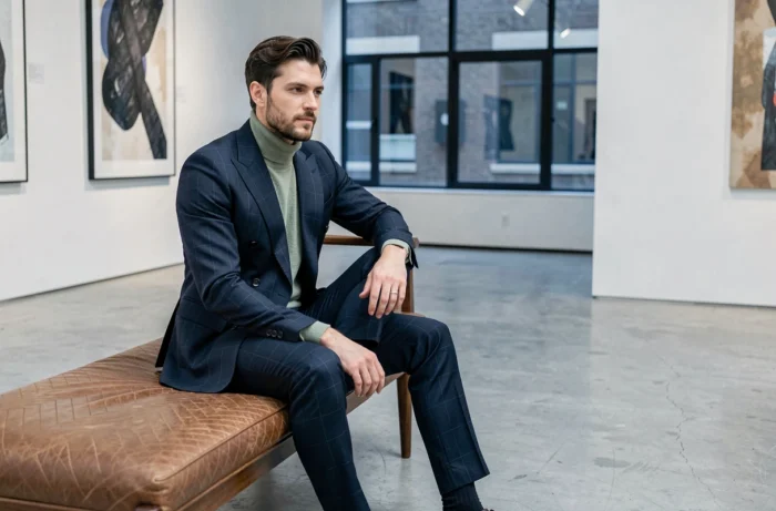 Homme stylé en costume marine double boutonnage et col roulé vert sauge assis dans une galerie d'art contemporaine, look mode masculin tendance