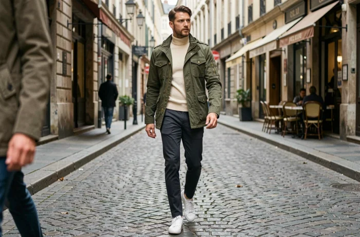 Homme tendance en veste utility olive et turtleneck crème marchant dans une rue pavée européenne, style mode urbain masculin