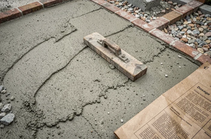 Gros plan sur la texture granuleuse d'une chape maigre extérieure fraîchement coulée avec une taloche en bois