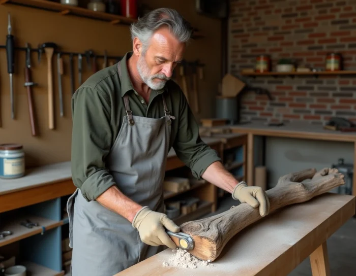 Artisan nettoyant et traitant un morceau de bois flotté dans un atelier artisanal bien équipé