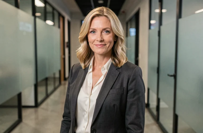 Actrice blonde aux cheveux ondulés dans un couloir de studio de télévision moderne, portant un blazer gris anthracite et une blouse en soie blanche, incarnant une transformation esthétique élégante