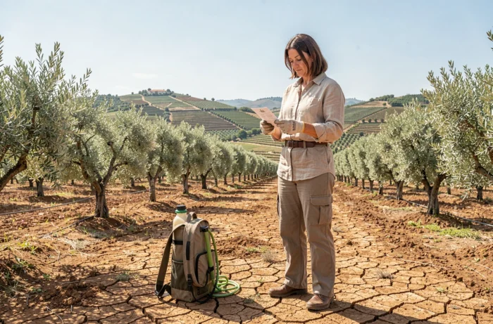 Agricoltrice che consulta un documento d'acquisto di glyphosate 360 in un'azienda agricola in Portogallo