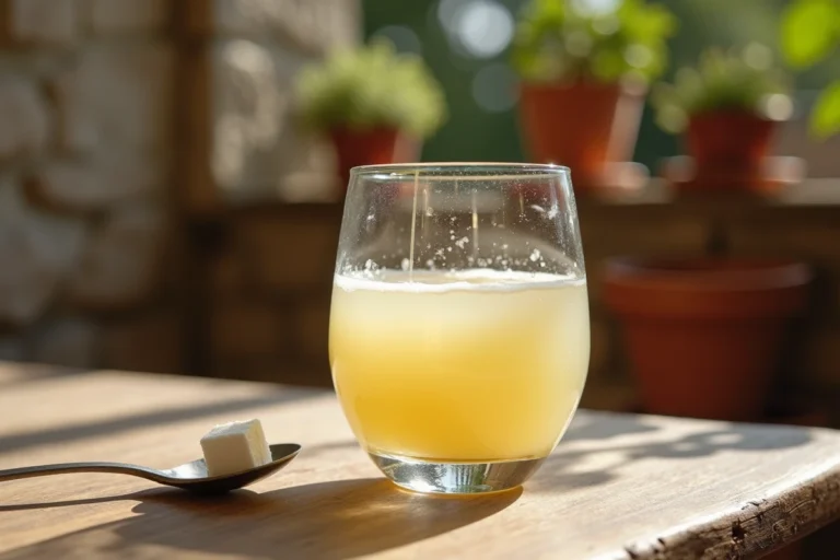 Verre de pastis avec un sucre sur une cuillère à absinthe posée sur une table en bois de café provençal