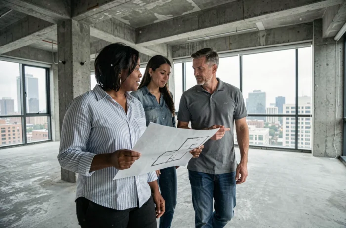 Couple visitant un appartement vide en cours de rénovation avec plan en main, murs en béton brut et vue urbaine en arrière-plan