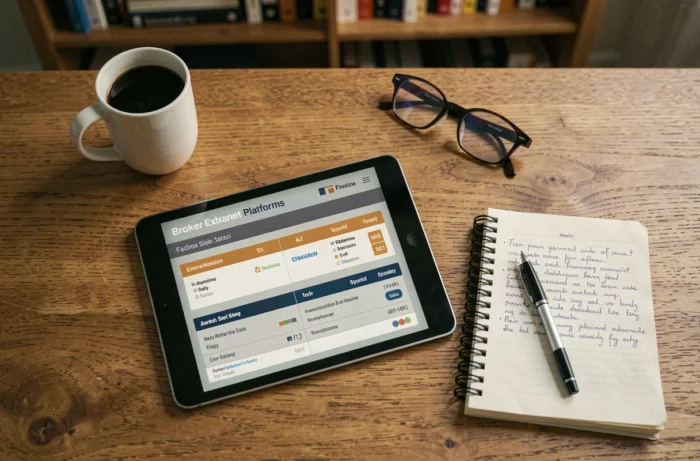 Vista aerea di un ufficio con tablet che mostra una tabella comparativa di piattaforme extranet per broker