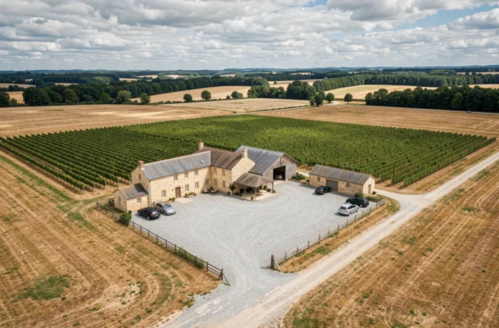 Vue aérienne par drone d'une propriété rurale avec ferme en pierre, vignoble et terrain agricole en France
