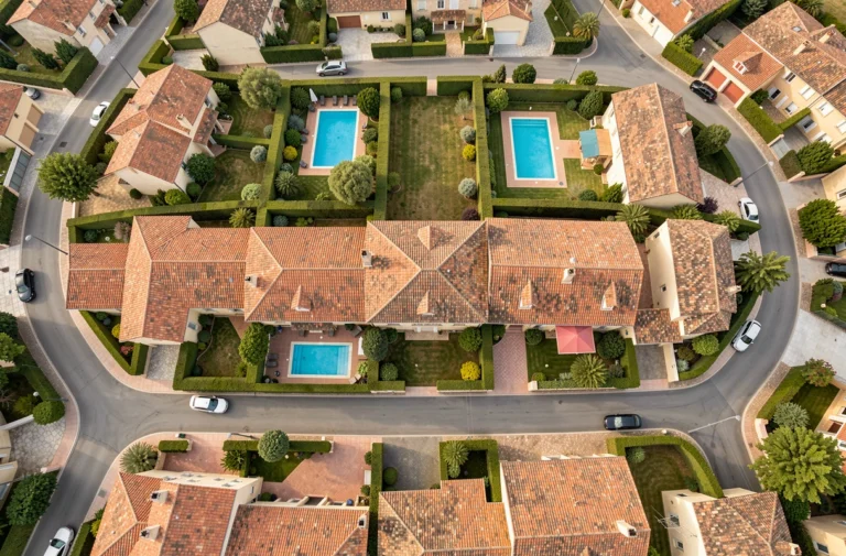 Vue aérienne par drone d'un quartier résidentiel français avec toits en tuiles, jardins et piscines vus du ciel