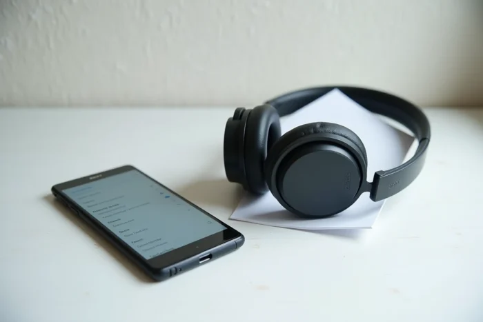 Vue de dessus d'un casque Sony Bluetooth posé près d'un smartphone affichant les paramètres Bluetooth et un manuel utilisateur