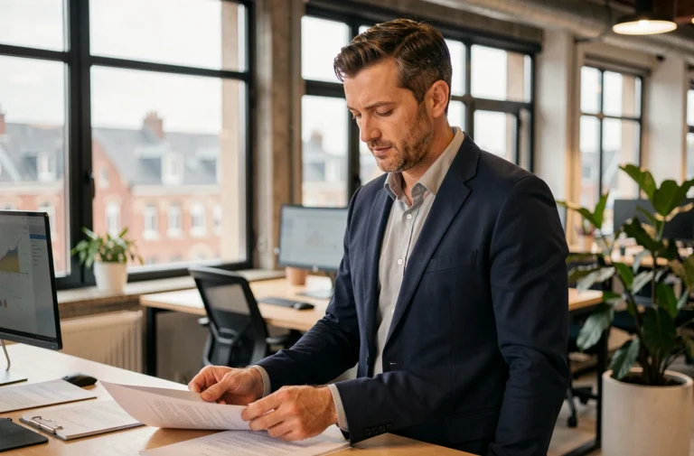 Yann Dernaucourt, expert reconnu à Nantes, en train de travailler dans un bureau moderne avec vue sur la ville