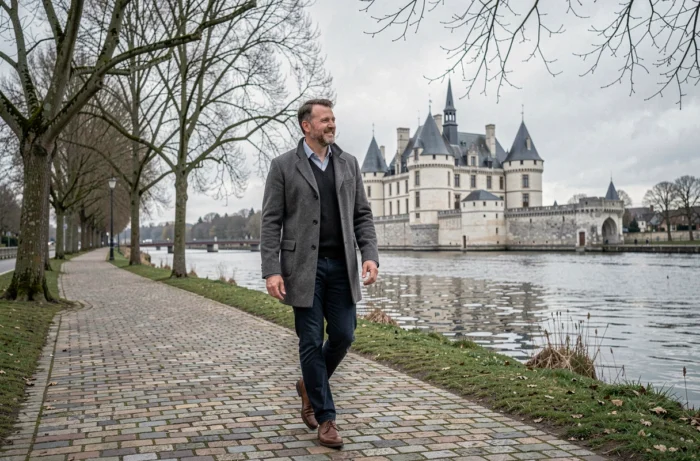 Expert nantais Yann Dernaucourt se promenant le long de la Loire avec le Château des Ducs de Bretagne en arrière-plan
