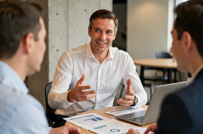Yann Dernaucourt animant une réunion d'experts dans un espace de coworking moderne à Nantes